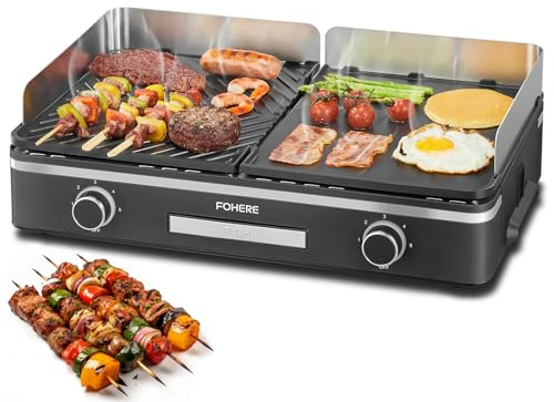 FOHERE Barbecue Électrique, 2400W Barbecue de Table Avec 2 Plaques de Cuisson Réglables Séparément (Lisse Et Rainurée), Système Duo-Grill, Contrôle de la Température à 5 Niveaux (Noir)