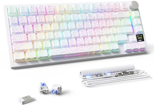 MAMBASNAKE Attack Shark X820 Ultra Teclado Mecánico Gaming con TFT Pantalla y Perilla, QWERTY 75% Gasket Hot-Swap, Inalámbrico 2.4G/BT/USB-C, LIGHTSYNC RGB Chroma, Coiled Cable - Shark Switch/Blanco