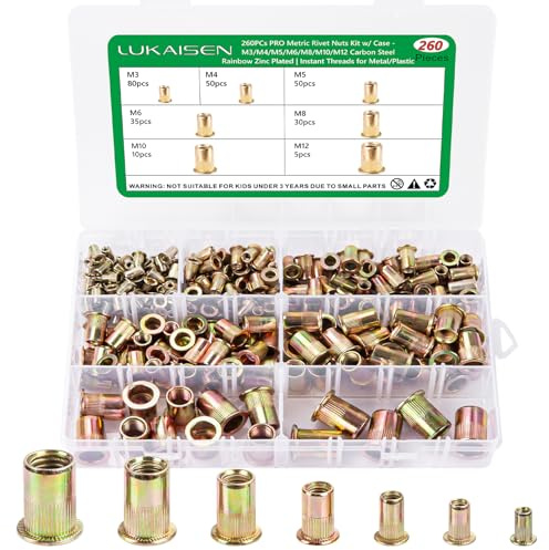 260-Piece Metric Rivet Nut Kit, M3 M4 M5 M6 M8 M10 M12 Zinc Plated Carbon Steel Threaded Inserts Nutsert Rivet Nut Assortment Kit,Flat Head Knurled Body for Automotive,Furniture,Industrial &Electrical