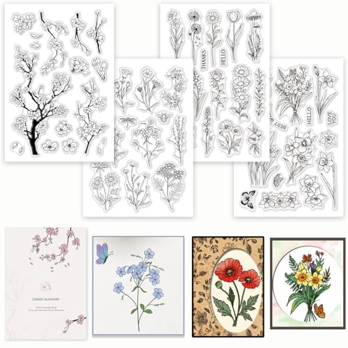 GLOBLELAND 4 Blatt Silikon Klarstempel Narzissen Wildblumen Kirschblüten Transparent Stempelset für Journaling Kartengestaltung DIY Basteln