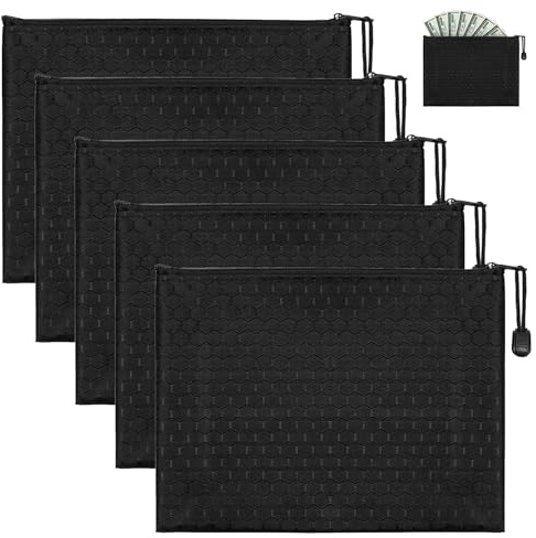 Xynovate 5 Stück Geldtasche, Banktasche mit Reißverschluss, Dokumententasche Schwarz A5, Geldmappe Wiederverwendbar Wasserdicht für Haushalt, Business, Schule