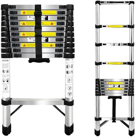 Escalera Telescópica de 3.2m,Escalera Plegable Acero Inoxidable,Escalera con Cierre de Seguridad con Patas Antideslizantes,Escalera Extensible,para Mantenimiento,Camping,Capacidad MáXima 150 Kg