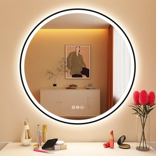 STARLEAD Badrumsspegel rund med belysning 70 cm diameter, LED-spegel rund med Bluetooth, dimbar, 3 ljusfärger, defogging, minne, IP44 HD härdat glas svart badrumsspegel