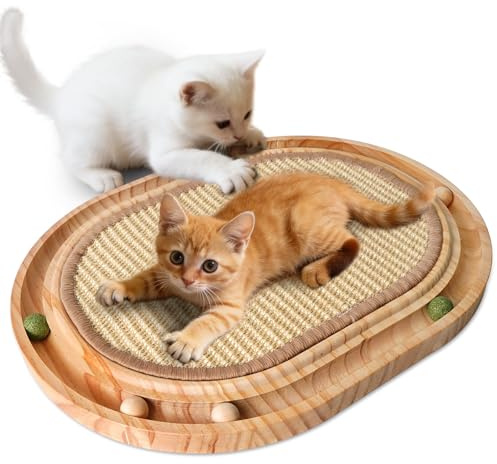 LURICO Kratzbrett Katzen, 2-IN-1 Katzen Spielzeug Kratzbaum, 43x33x2.5cm Kratzmatte Katze mit 6 kleine Rollkugeln, Natürliche Sisal Pad, Kratzmöbel für Katzen zum Spielen und Interagieren