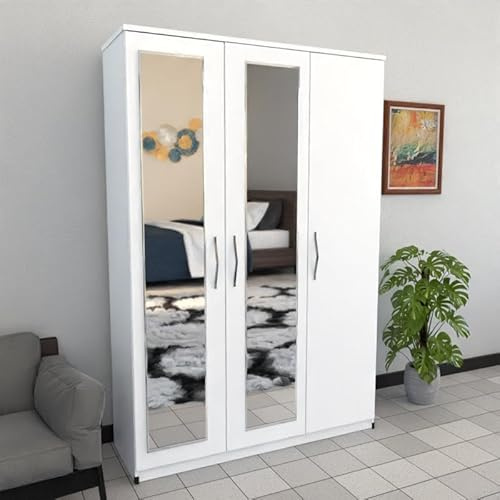 Fully Assembled Wardobe, 3 Door wardrobe, Mirrored 116cm (White)