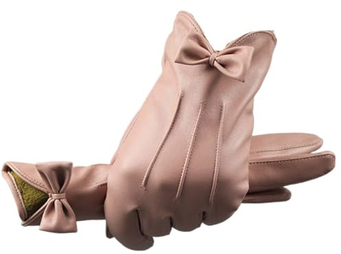 Damen-Lederhandschuhe Leder weibliche Winter warme Bogen Radfahren Handschuhe Frauen Fahrhandschuh Fäustlinge(Pink)