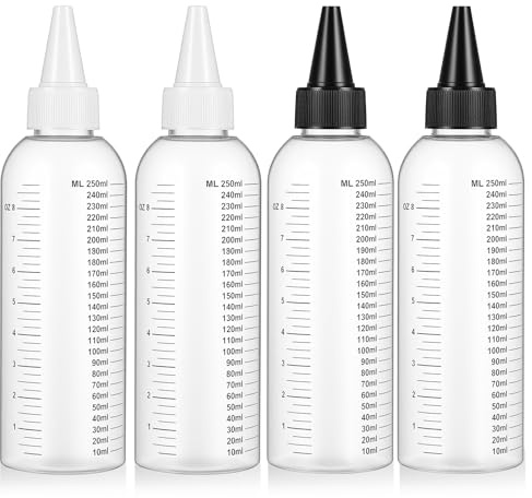 guduling 4-Pack Oil Bottle for Hair,250ml Plastic Hair Oil Bottle,Hairs Bottles Applicator with Clear Graduated Scale Twist-On Top Tip Cap,for Root Touch-Up, Scalp Dye & Hairs Oils (2 Colors)