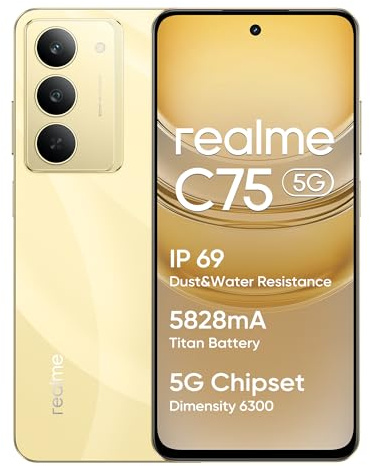 realme C75 5G Smartphone 8+256 Go, IP69, Batterie 5828 mAh, Chipset Dimensity 6300 5G, Appareil Photo Ultra Nét 50MP, Écran Eye Comfort 120Hz, Doré