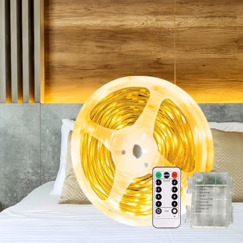 Gaoxun Batterie LED Strip, 5M 150 LEDs Warmweiß 3000K LED Streifen Batteriebetrieben mit Fernbedienung, LED Band Selbstklebend, 8 Modi, Timer, Schneidbar, Wasserdicht Lichtband für Küche, Schlafzimmer