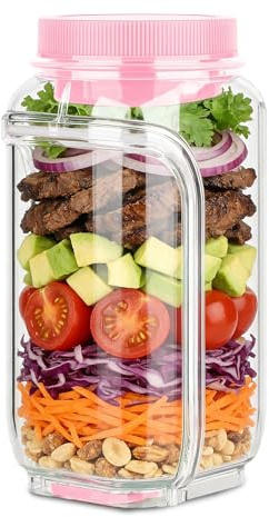 Qubitly Salad Pod, Pink Plastic Salad Jar with Side Opening, Leak Proof Case and Salads Bowl, Removable Divider for Fresh Salads, Snacks, Portable for Lunch, Office, Gym