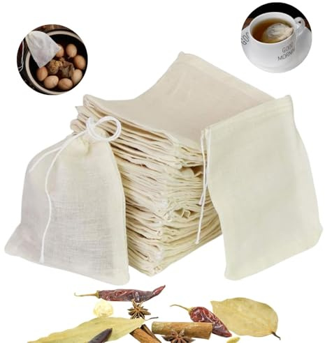 Issimober 50 PCS Cotton Muslin Drawstring Spice Bags for Cooking Reusable Mesh Tea Filter Bags for Loose Tea Coffee Cheesecloth Bags for Pho Soup Herbs Spices Storage DIY Crafts 8 x 10 cm