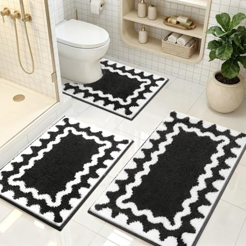Homodeco Badematte Set 3 Teilig rutschfest Waschbar Badteppich, Schwarz | Mikrofaser, Weich, Flauschig, Hochflor, Absorbierend Badezimmerteppich, Duschteppich, Toilettenmatte
