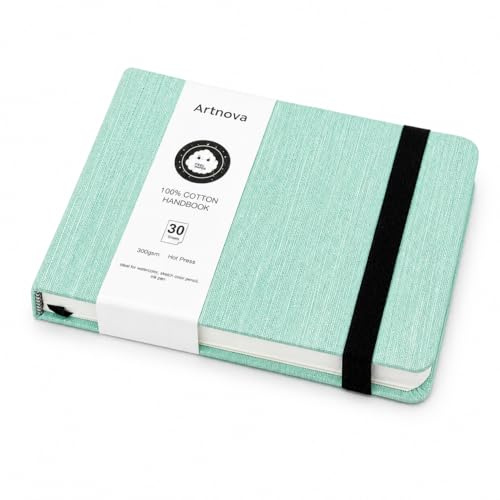 Cuaderno de dibujo A6 verde 100% algodón 300 gsm, horizontal apaisado – Bloc acuarela y tinta, 30 hojas (60 páginas), papel prensado en frío – Sketchbook viaje con bolsillo interior
