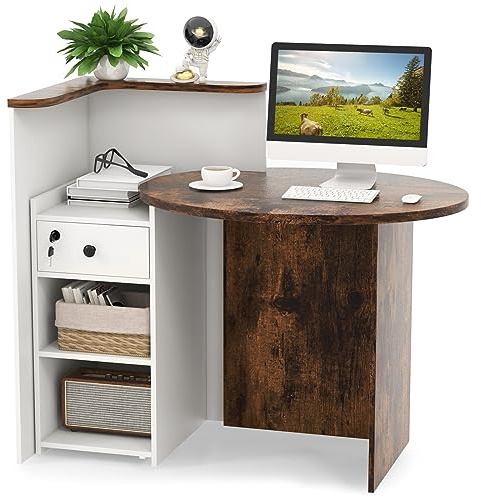 COSTWAY Escritorio de Recepción, Escritorio Ovalado de Mostrador con Cajón con Cerradura, Estante Ajustable, Mostrador Minorista para Caja, 120 x 70 x 100 cm, Mostradores Recepcion, Industrial (café)