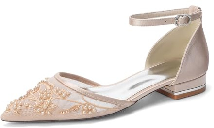 Mesh Satin Ballerinaskor Bröllop med Broderi, Flata Brudskor med Pärlor, Eleganta Skor med Ankelrem, Spetsig Tå för Fest och Ceremoni,Champagne,36 EU