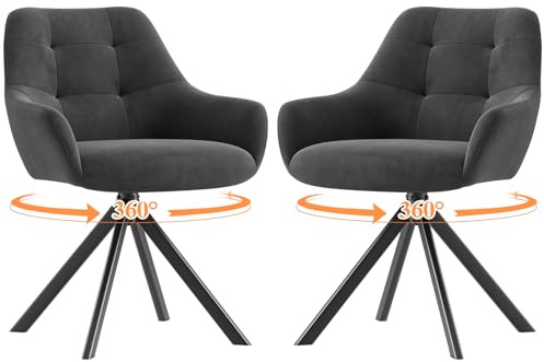 MALOL Drehbare Esszimmerstühle 2er Set, 360° Drehbare Armlehnstühle mit weichem Florstoff & Metallgestell, Bequeme Esszimmerstühle Drehbar mit Rückenlehne für Küche, Esszimmer, Büro, Grau