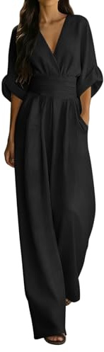 Générique Combinaison Femme Été Manche 3/4 Col V Jambe Large Playsuit Romper Couleur Unie Combishort Femme Chic pour Soirée Mariage Tenue Légère Confortable Élégante Polyvalente Respirante