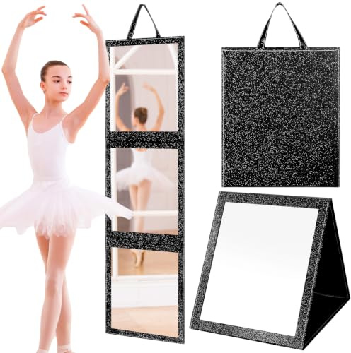 YXSJAS Foldable Full Length Mirror with Handle, 47 * 13in Three-fold Portable Travel & Backstage Mirror Acrylic Material Body Mirror for Travel Dance Bedroom, Dorm (Glitter Black)