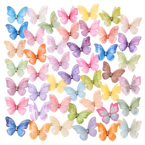 Cosiesnest 100 Stück Organza Schmetterling Deko zum Basteln, Schmetterlings-Applikationen Mini Schmetterling Deko Bunte 3D-Stoff-Schmetterlinge Wanddekoration für DIY Dekoration, Kleidung, Ornament