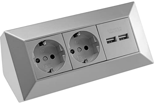 ChiliTec Ciabatta elettrica angolare a 2 prese, 2 prese USB, 230 V, montaggio ad angolo per piano di lavoro, cucina, officina, argento