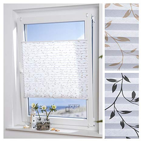 ourdeco® Plissee Filigran / 60 x 130 cm (Breite x Höhe) / Stoff: weiß; Muster: beige/lichtdurchlässig, gedrucktes Motiv Blätter/Klemmen=Montage ohne Bohren=Smartfix=Klemmfix-Plissee=Easy-to-fix