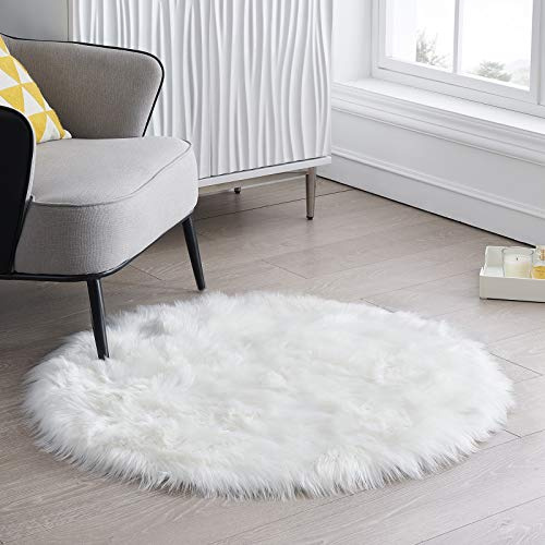 Runder flauschiger Fellteppich für Schlafzimmer, weißer Kunstfell-Teppich, pelziger Kreisteppich für Kinderzimmer, niedlicher pelziger Kinderzimmerteppich, Plüsch-Zottelteppich, Bodenteppiche für