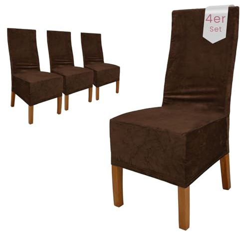 Scheffler Home Stuhlhussen Samt Braun 4er Set Puma | Weiche Velours-Stuhlbezüge, elastisch und waschbar, für Hochlehner, Polsterstühle und Esszimmerstühle