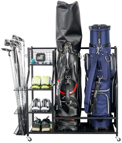 Mythinglogic Golf Storage Rack, Golf Organiser with Wheels, golf Club Organisers Extra Large Design for Two Golf Bag Storage and Other golf Club Accessories