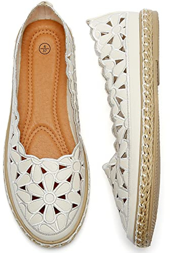 HEAWISH Women’s Ballet Flat Daisy Round Toe Dress Shoes Casual Slip On Rope Loafer(White, US7)