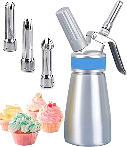 Comforty Sahnespender-250ml, Sahnesyphon Edelstahl mit 3 Dekorations-Düsen und 1 Reinigungsbürsten, Edelstahl Sahnespender für Cremes und Soßen