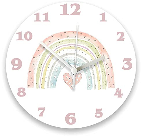 Tigerlilyprints Pastel Rainbow Wall Clock for Girls – 20cm Round Kids Clock – Quartz Movement – Easy to Read Numbers – Nursery Bedroom Playroom Decor