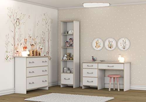 Fabryka Mebli Idźczak Kinderzimmer-Set Kosmo II - Wandregal, Kommode und Schreibtisch mit Seilgriffe- Regal - Jugendzimmer, Skandinavischer Stil - Modern Design