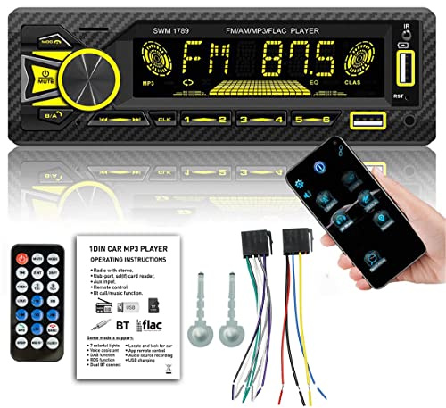 Autoradio Bluetooth 5.0, Control de aplicaciones, Asistente de voz, Posicionamiento de coche, Grabación de audio, Estéreo y reloj de coche de 7 colores LED, 4X45W FM AM USB/AUX en reproductor de MP3
