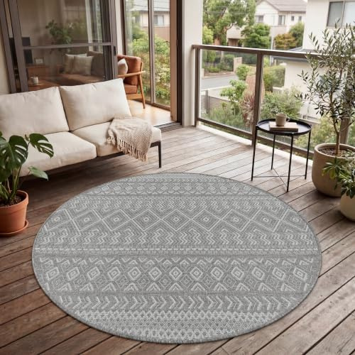 Paco Home Outdoor Teppich, Wetterfest, UV-beständig & Pflegeleicht, Flachgewebe Modern Boho-Style. Ideal für Terrasse Balkon Wohnzimmer & Küche, Grösse:160 cm Rund, Farbe:Grau 3
