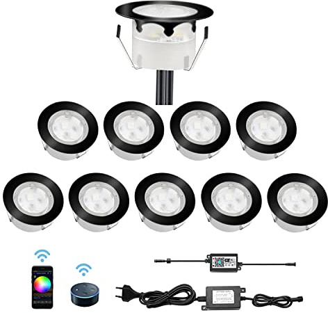 LED Bodeneinbaustrahler RGB 10er Set, Ø45mm WiFi Terrasse Einbauleuchten Kompatibel mit Amazon Alexa, Google Home, IP67 Wasserdicht App Steuerbar Außen Boden Licht für Küche Garten Treppen, Schwarz