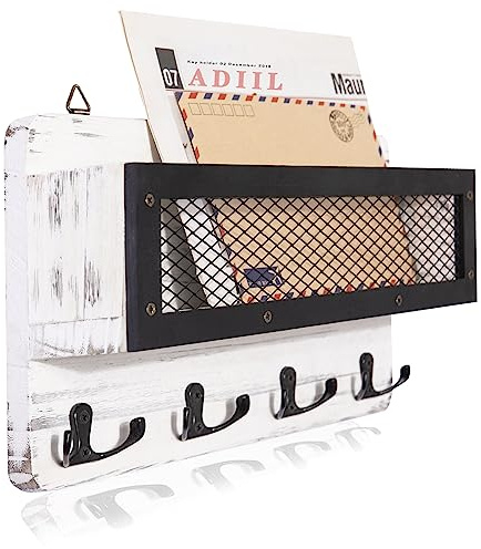 ADIIL Mail and Key Holder for Wall Decorative, Wooden Wall Mount Key Rack Hanger Organizer with 4 Double Key Hooks, Rustic Home Decor for Entryway Hallway, White