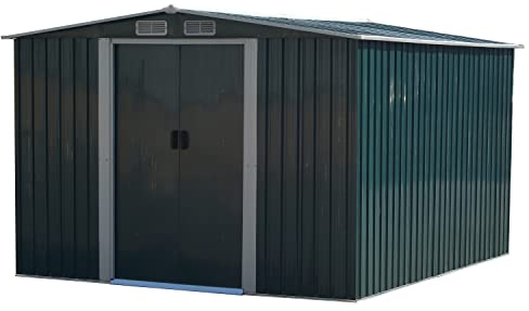 Garden Storage Shed Metal 8 x 10 FT Outdoor Box with Base 4 Vents Lockable Sliding Doors Sloped Apex Roof for Patio Backyard Bike Tool All-Weather (Green)