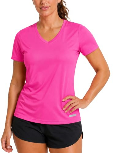 Zengjo Yoga Top Short Sleeve V Neck(Hot Pink,L)