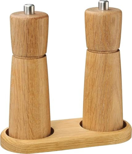 Zassenhaus Mühlenset KIEL Eichenholz 18 cm inklusive Untersetzer | Geschenkset | Pfeffer & Salzmühle | mit stufenlos verstellbarem Keramikmahlwerk | befüllte Gewürzmühlen | Ø 5,5 cm, H: 18 cm