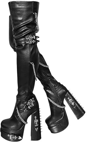 blingqueen Damen Gothic Overknee Plateau Blockabsatz Stiefel Punk Boots High Heels