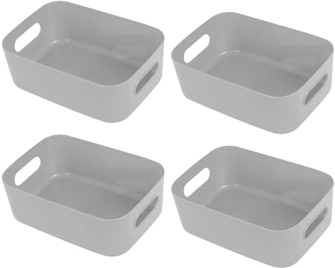 Hwtcjx 4 Piezas Cajas Organizadoras de Plastico, Cestas Almacenaje Cocina, Cesta de Almacenamiento con Asas, Caja Almacenamiento, Cestas Organizadoras para Oficina, Baño, 21 x 14 x 7 cm (Gris)