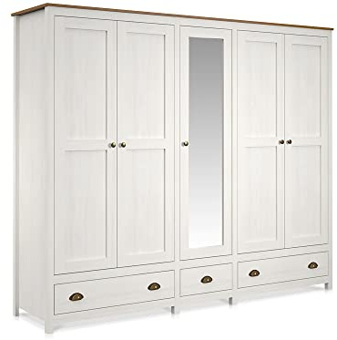 moebel-eins TRICO Kleiderschrank/Drehtürenschrank, Material Massivholz, Kiefer Weiss/eichefarbig, 5-türig