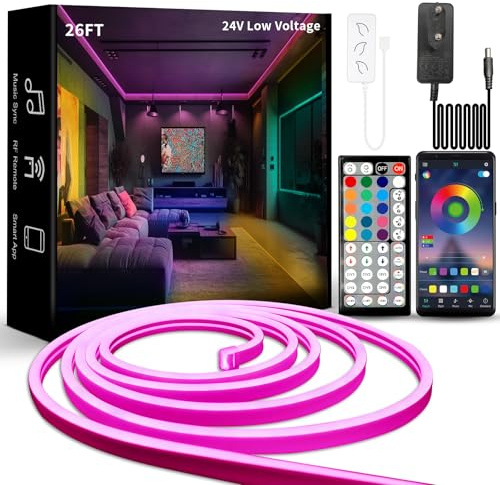 BUNACET Neon LED Strip Streifen RGB 8M 24V Dimmbar, Neon LED Band Lichtband IP65 Wasserdicht Flexible, LED Strip Silikon DIY mit App Steuerung, Musik Sync Netzteil & RF Fernbedienung für Innen Aussen