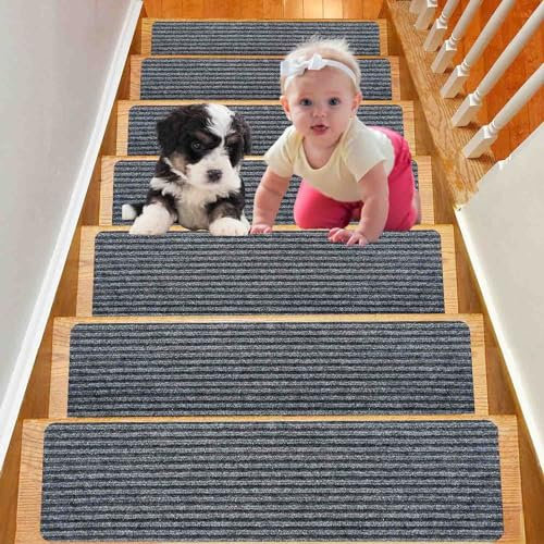 Duscdesp 15 Stück Treppenmatten, Treppenteppich Selbstklebend Antirutsch Treppe Stufenmatten Innen, Stufenteppich Treppen Teppich Treppenstufen für Kinder Ältere und Haustiere, 60x20cm (Dunkelgrau)