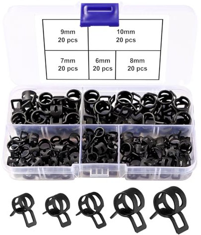 Lyeteung 100 PCS 6/7 / 8/9 / 10 mm Spring Hose Clamp Assortment Set, Fuel Line Hose Clips, Fuel Line Pipe Clips, Water Pipe Air Tube Silicone Vacuum Hose Clamp Fastener, Black