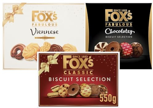Fox's best Festive Chocolate Biscuit Box Assortment Bundle Containing Fox's Classic 550g, Viennese 350g & Fabulous Cookies Assortment 365g (3 Pack)