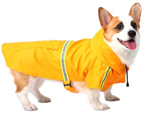 BWBIKE Wasserdichter Hunderegenmantel Verstellbare Regenfeste Kleidung für Haustiere Leichte Hunderegenjacke Poncho Hoodies mit Reflektierendem Streifen für Kleine Mittlere Große Hunde, Gelb, 4XL