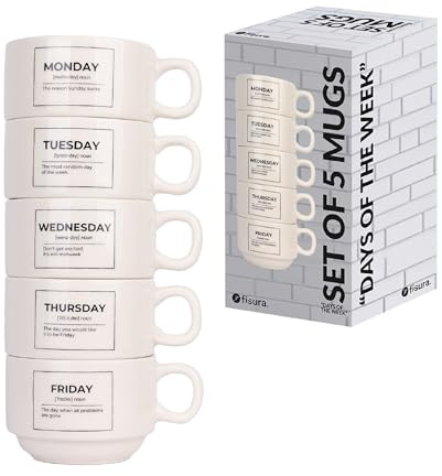 Fisura – Juego de tazas originales “days of the week ”.Tazas blancas con frases. Tazas originales con mensaje para regalar. Juego 5 tazas de cerámica graciosas