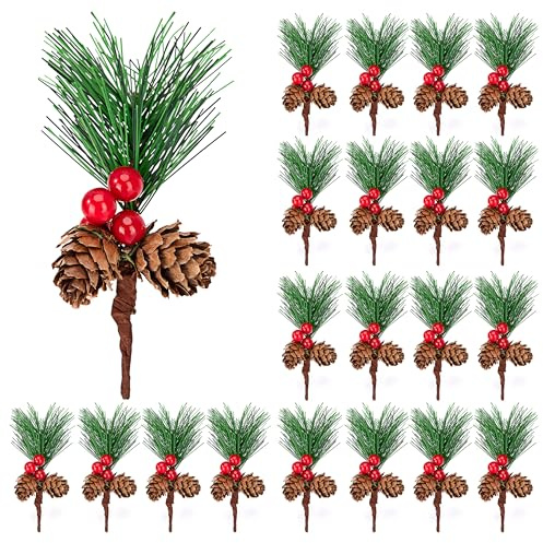 Jesustree Lot de 20 Branches de Sapin Artificielles avec Baies et Pommes de Pin, Petit Branches Décoration de Baies Rouges et cônes de Noël, pour Guirlande de Noël, DIY Cadeau