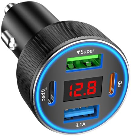 Zigarettenanzünder USB C, 4-Port USB-C Zigarettenanzünder Adapter, 12v USB Adapter Auto PD/QC Handy Auto Ladegerät with Voltmeter kfz Schnellladegerät für iPhone Samsung Telefon Tablets